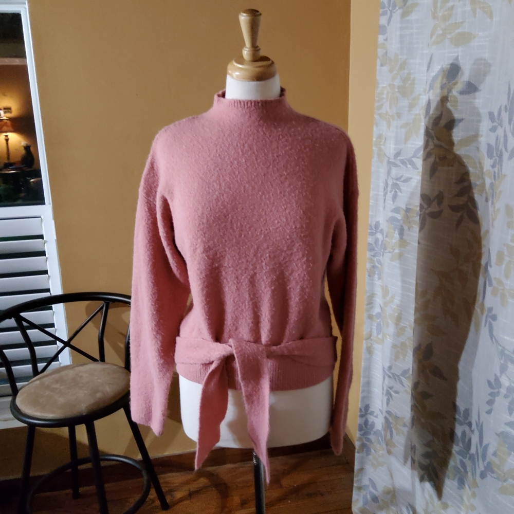 Wayf Dusty Rose Tie-Waist Turtleneck Sweater